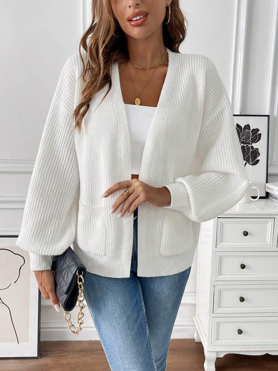 Women's Open Front Cardigan Ribbed Knit with Front Pockets