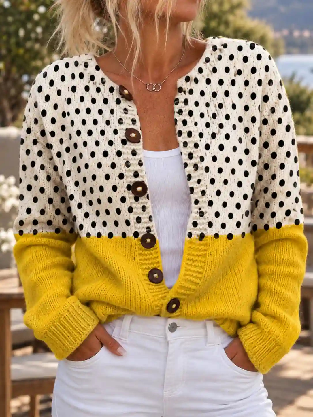 Women's Cardigan Polka Dot Button-Front Ribbed Cuffs