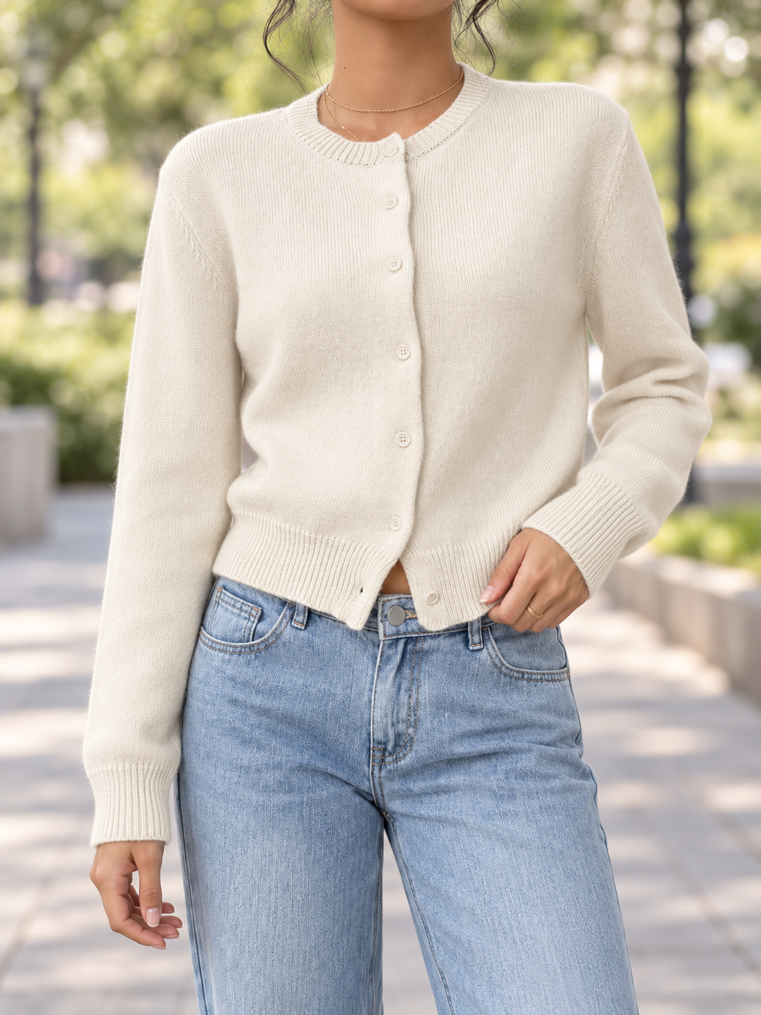 Women's Ribbed Trim Cardigan – Round Neck Button-Front