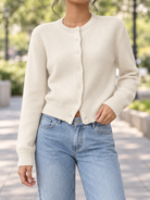 Women's Ribbed Trim Cardigan – Round Neck Button-Front