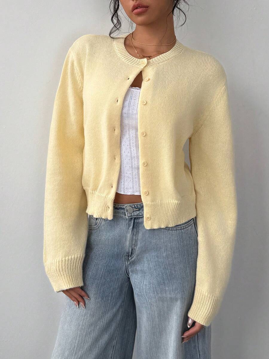 Women's Ribbed Trim Cardigan – Round Neck Button-Front