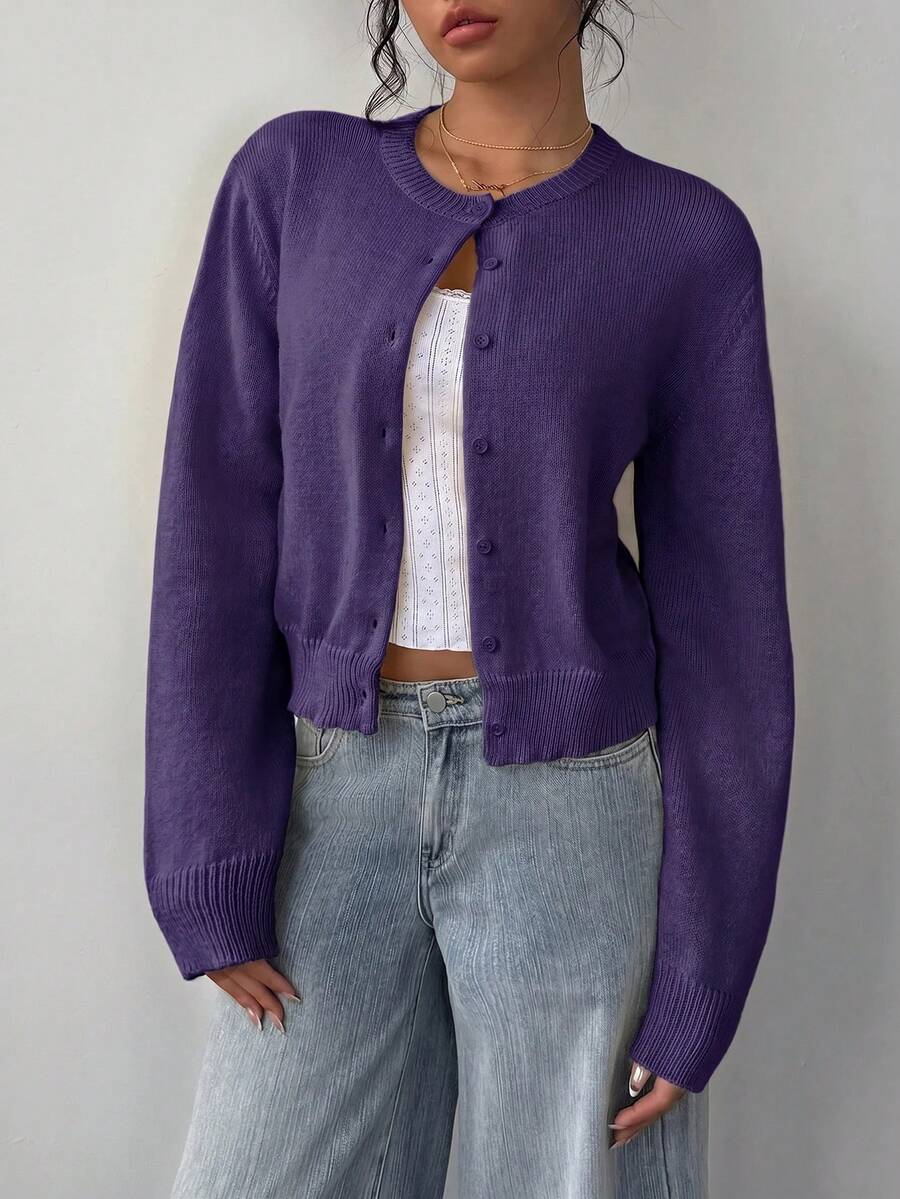 Women's Ribbed Trim Cardigan – Round Neck Button-Front