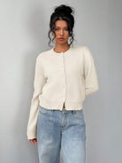 Women's Ribbed Trim Cardigan – Round Neck Button-Front