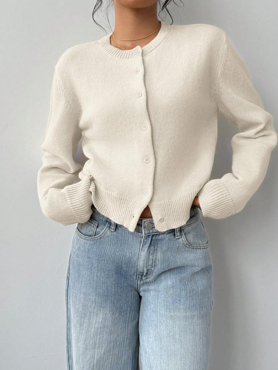 Women's Ribbed Trim Cardigan – Round Neck Button-Front