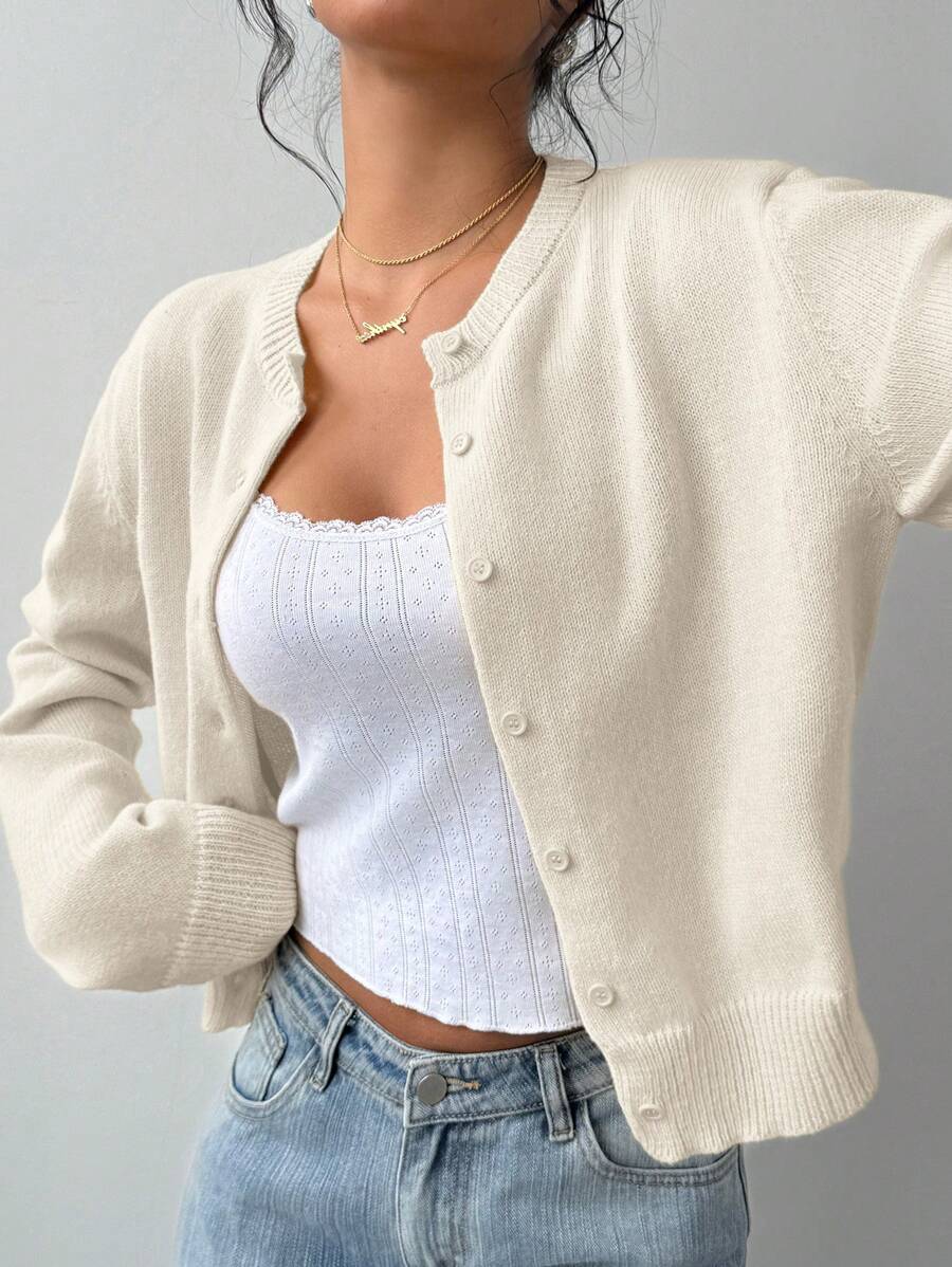 Women's Ribbed Trim Cardigan – Round Neck Button-Front