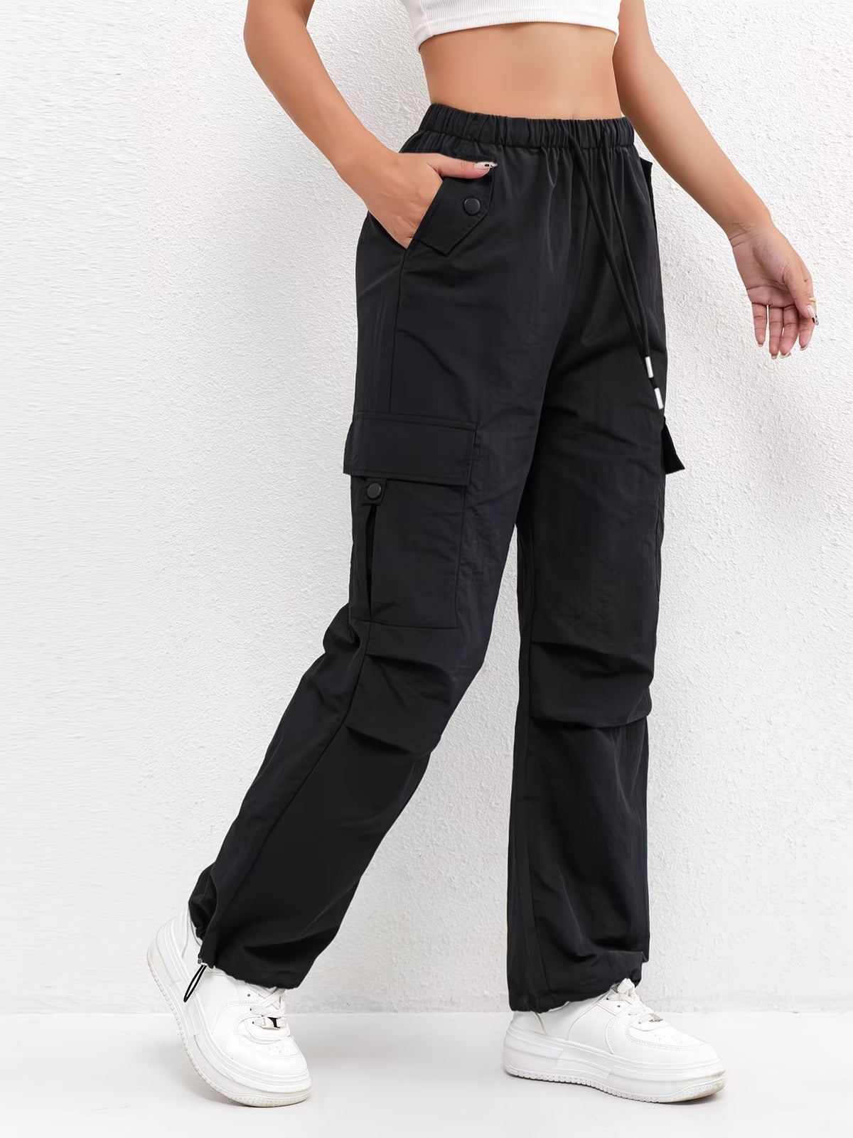 Women's Cargo Trousers with Drawstring Waist and Pockets