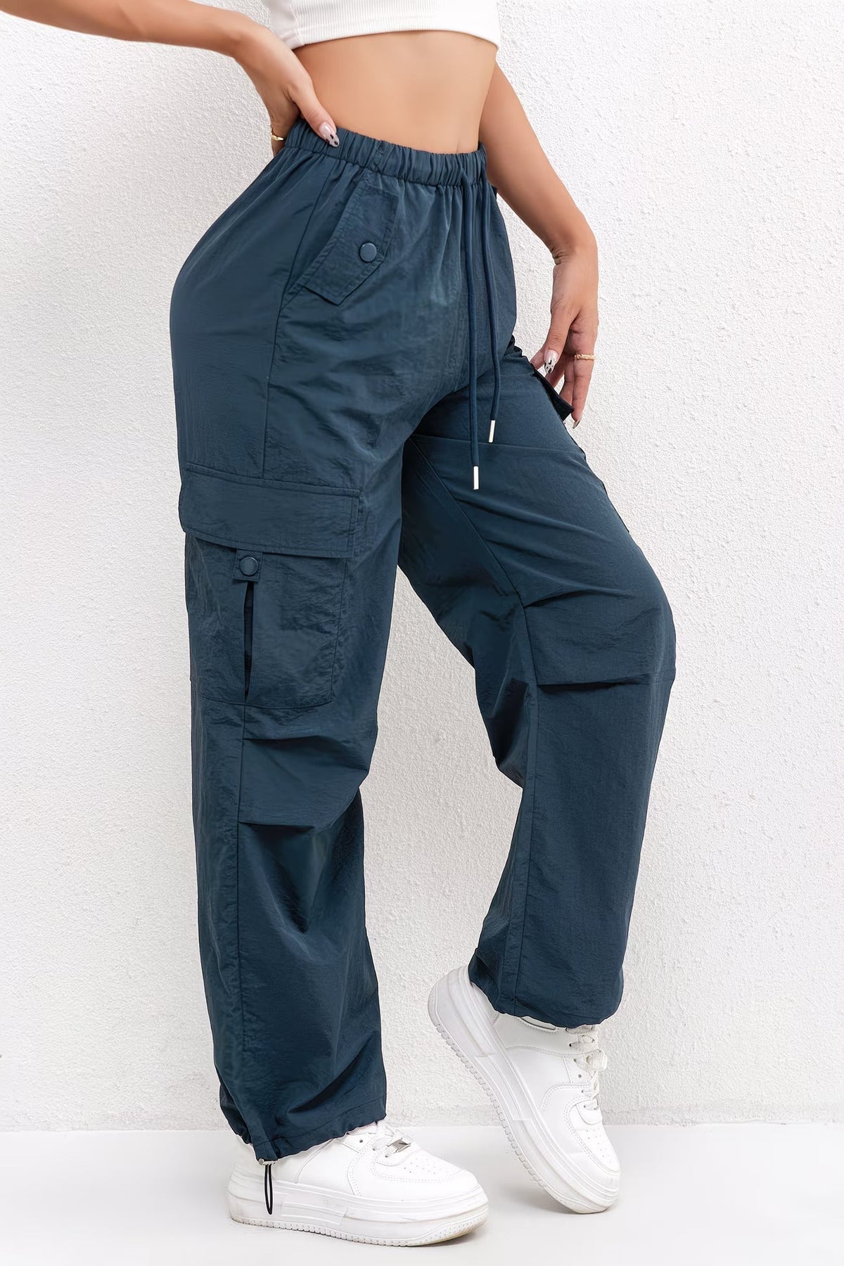 Women's Cargo Trousers with Drawstring Waist and Pockets