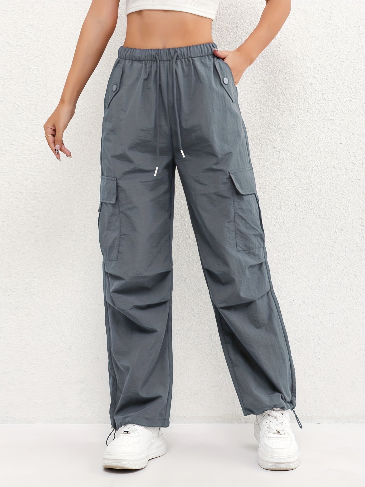 Women's Cargo Trousers with Drawstring Waist and Pockets