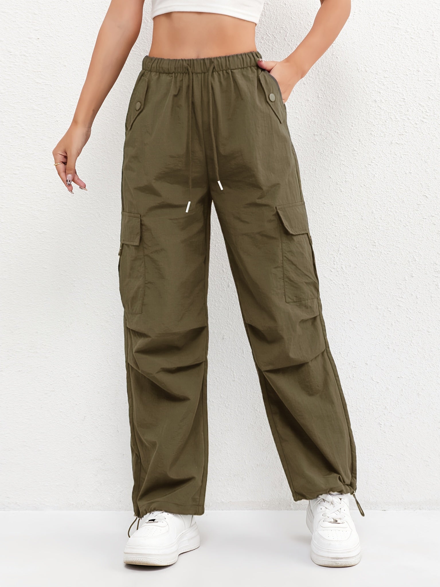 Women's Cargo Trousers with Drawstring Waist and Pockets