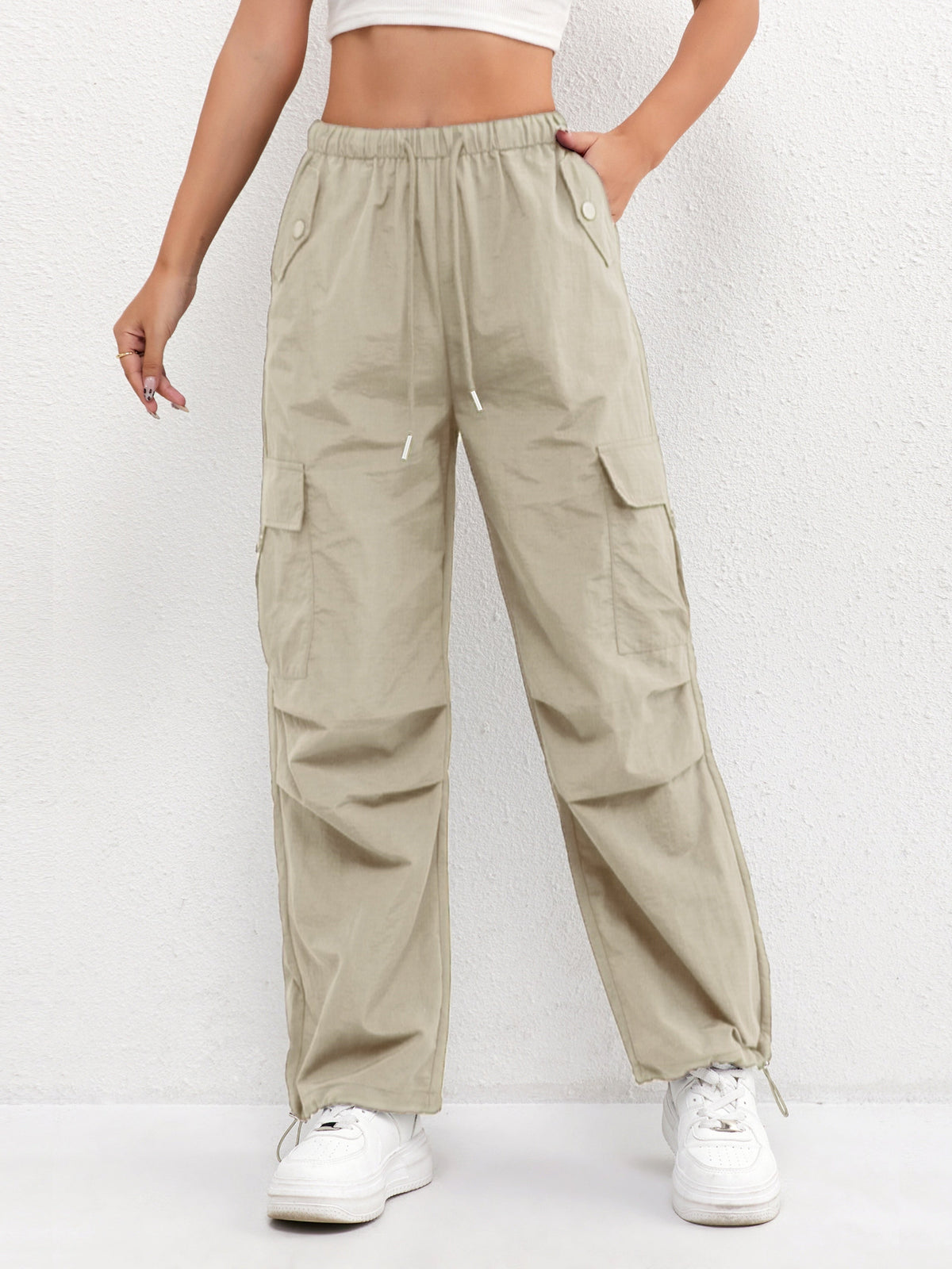 Women's Cargo Trousers with Drawstring Waist and Pockets