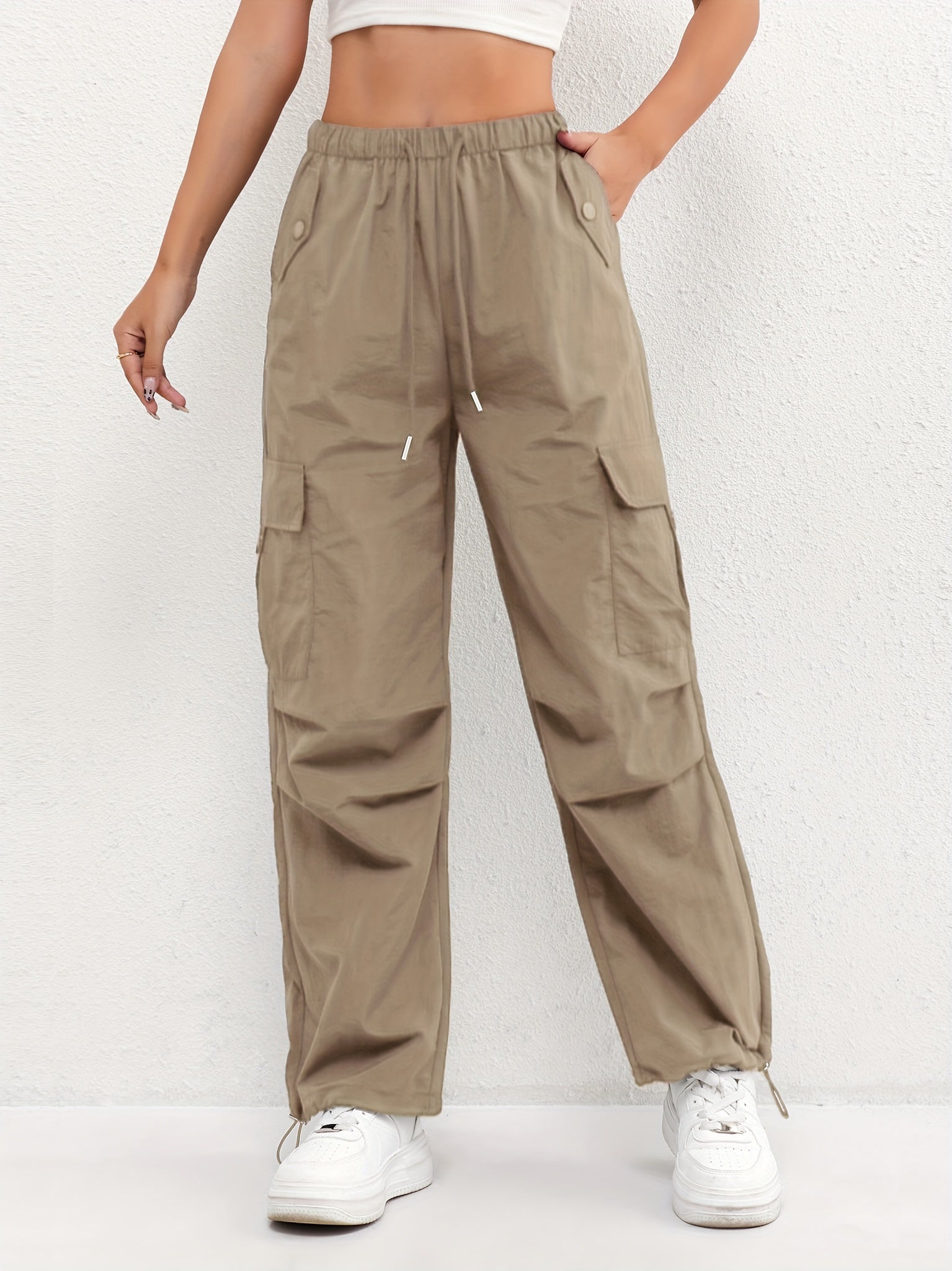 Women's Cargo Trousers with Drawstring Waist and Pockets
