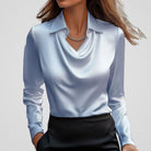 Women's Elegant Draped-Neck Long-Sleeve Satin Blouse - Blue