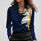 Women's Elegant Draped-Neck Long-Sleeve Satin Blouse - Dark Blue