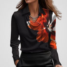 Women's Elegant Draped-Neck Long-Sleeve Satin Blouse - Black Print