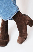 Women's Elegant Suede Square-Toe Block-Heel Boots - Dark Brown