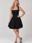 Women's Fit and Flare Mini Cocktail Dress Square Neck Ruched Waist - Black