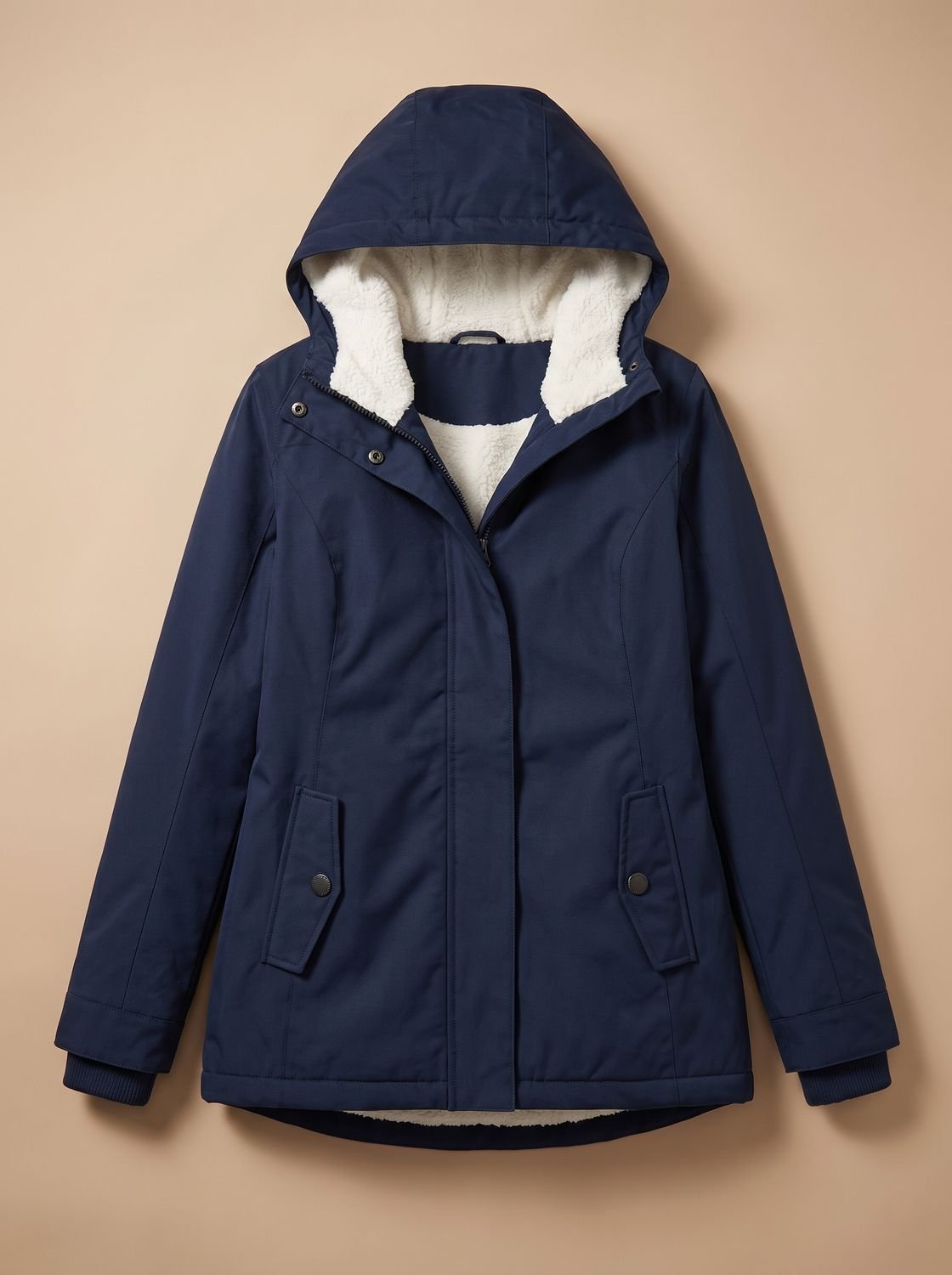Women's Fleece-Lined Waterproof Hooded Zip-Up Jacket - Navy Blue