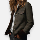 Women's herringbone structured button-front jacket by Christine Brewer, featuring a classic herringbone pattern and tailored fit.