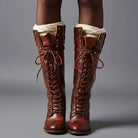Women's Lace-Up Studded Knee-High Boots Block Heel - Red Brown