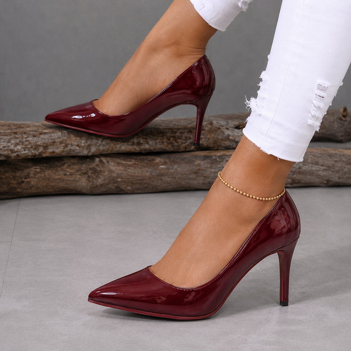 Women's Patent Stiletto Court Shoes with Pointed Toe and Cushioned Footbed