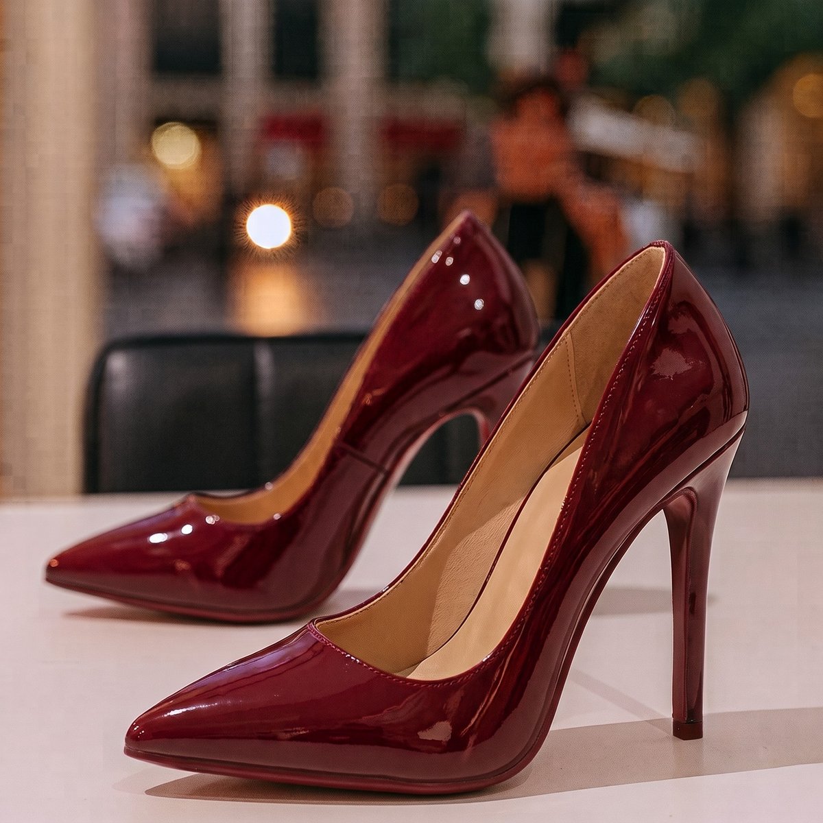 Women's Patent Stiletto Court Shoes with Pointed Toe and Cushioned Footbed