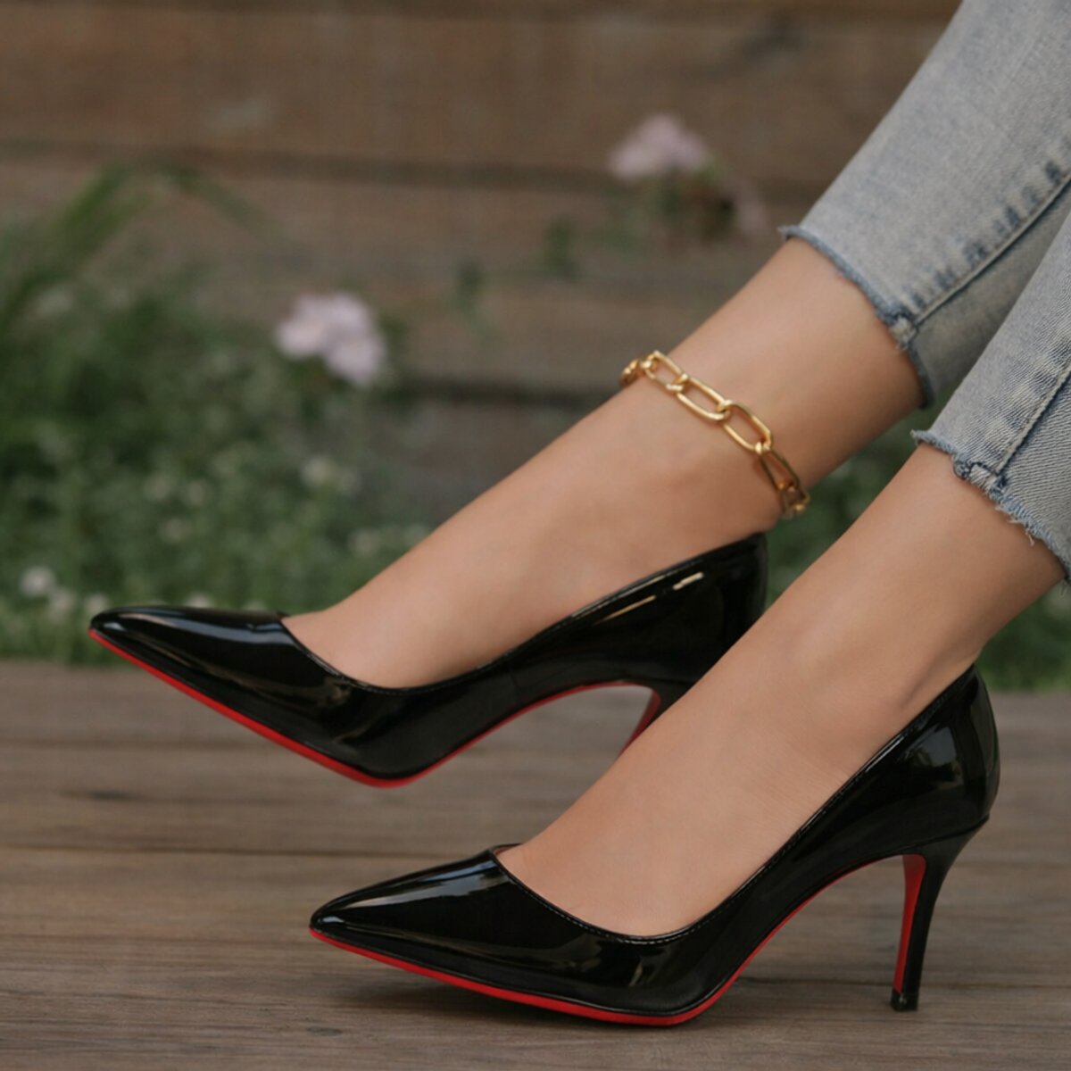 Women's Patent Stiletto Court Shoes with Pointed Toe and Cushioned Footbed