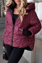 Women's Quilted Puffer Jacket with Hood and Front Zip