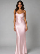 Women's Satin-Feel Bias-Cut Open-Back Maxi Evening Gown - Blush Pink