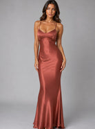 Women's Satin-Feel Bias-Cut Open-Back Maxi Evening Gown - Rust