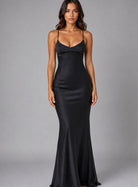 Women's Satin-Feel Bias-Cut Open-Back Maxi Evening Gown - Black