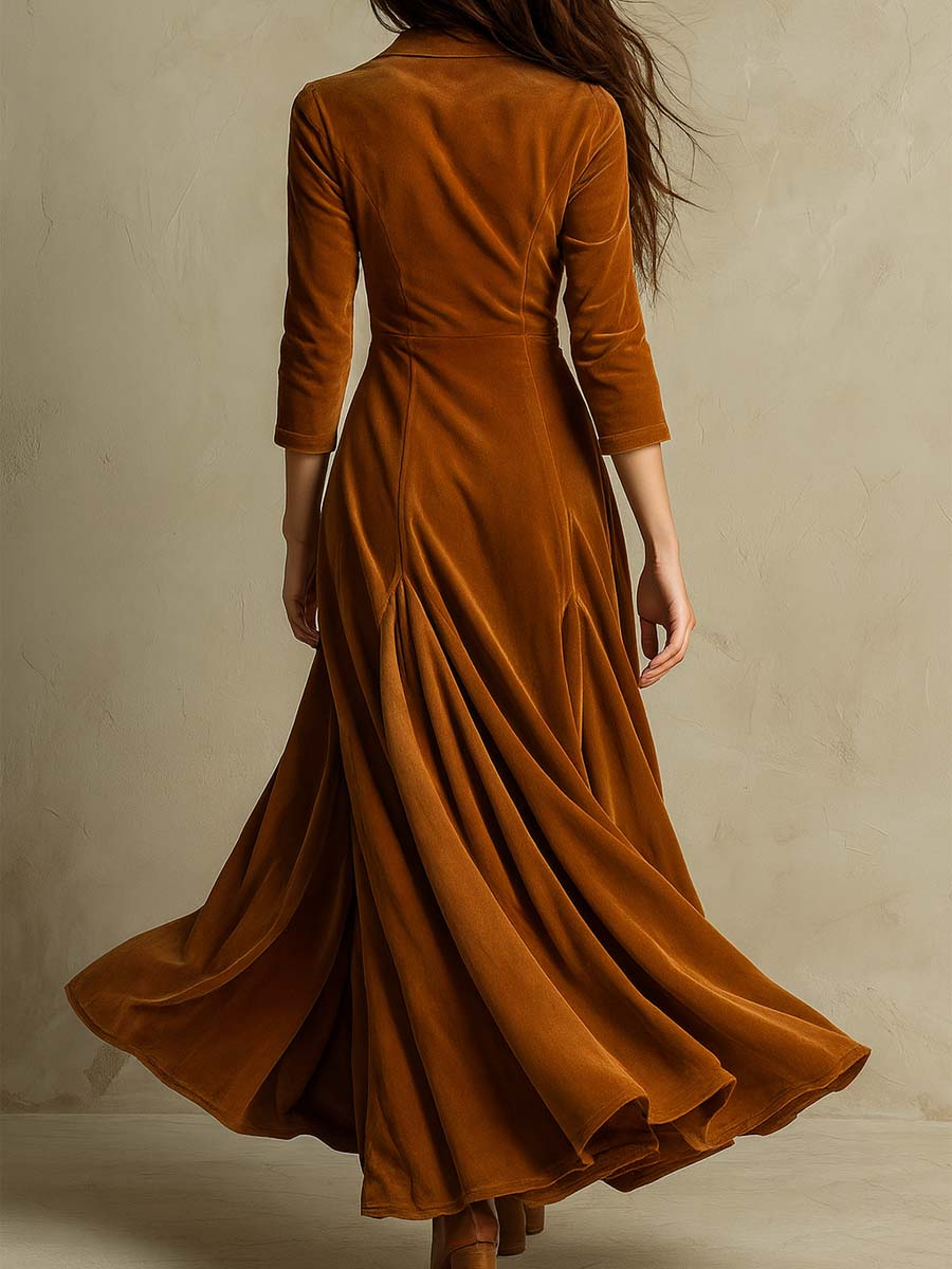 Women's Three-Quarter Sleeve Flared Velvet Dress