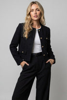 Women's tweed cropped blazer jacket with round neck and button details by Christine Brewer, stylish tailored blazer for women.