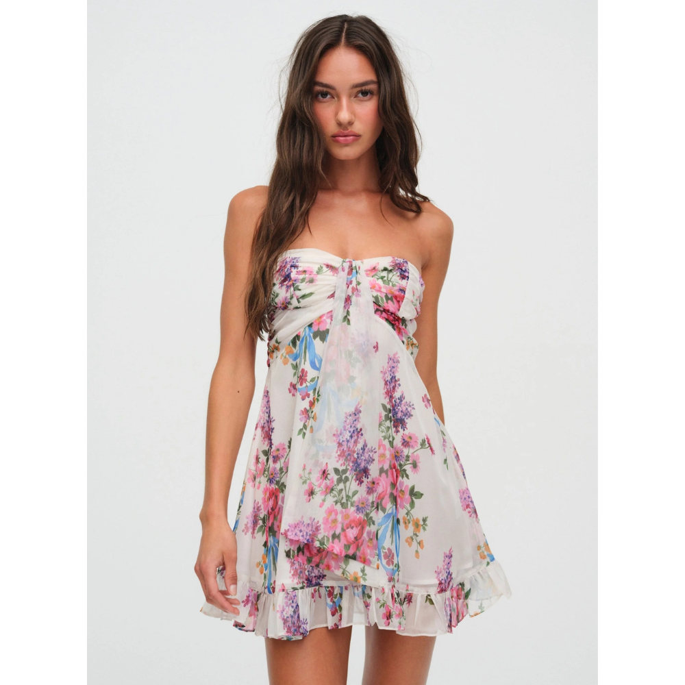 Women's Floral Strapless Mini Dress for Wedding Guests