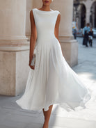 Dorvelli | Women's Midi Dress – Draped Neck Sleeveless - White
