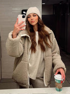 Women's Winter Coat Relaxed Fit Teddy Fleece Zip-Up Jacket - Beige