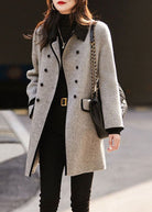 Women's Wool Coat Double-Breasted Contrast Trim Flap Pockets