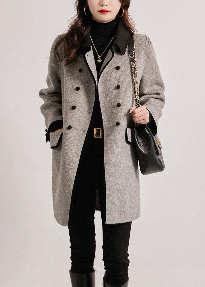Women's Wool Coat Double-Breasted Contrast Trim Flap Pockets