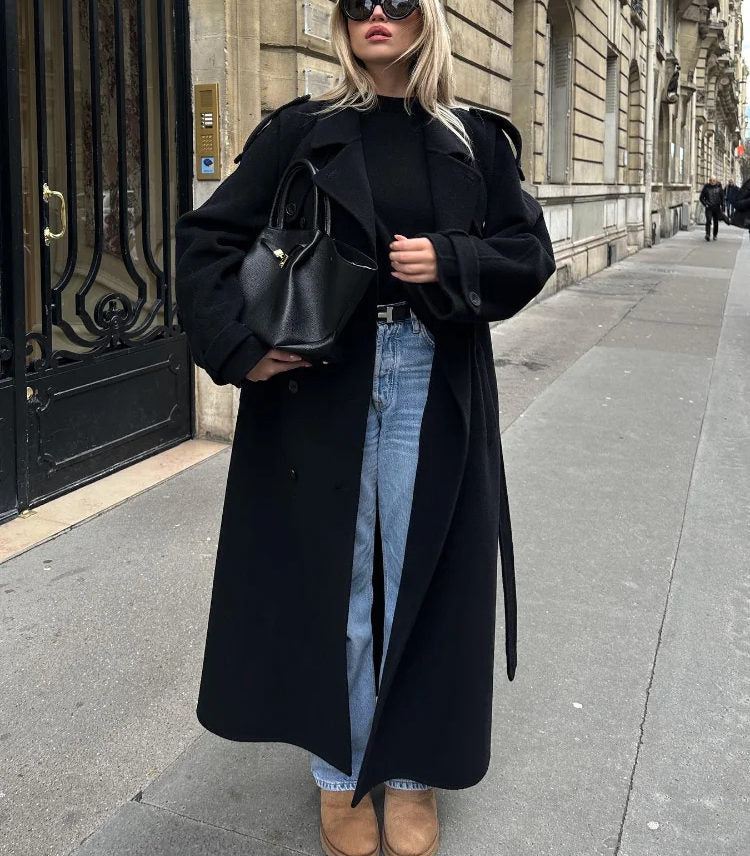 Women's Wool Trench Coat Notched Collar Double-Breasted Belted