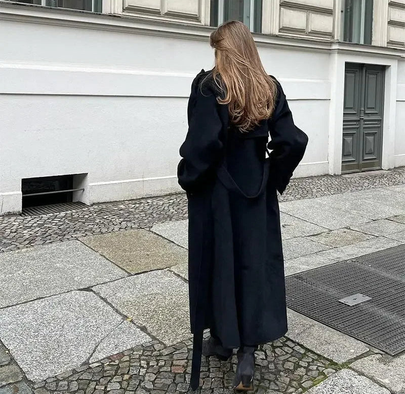 Women's Wool Trench Coat Notched Collar Double-Breasted Belted