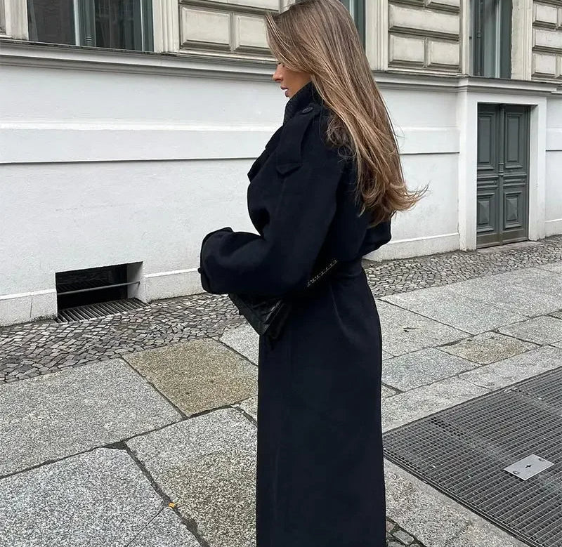 Women's Wool Trench Coat Notched Collar Double-Breasted Belted