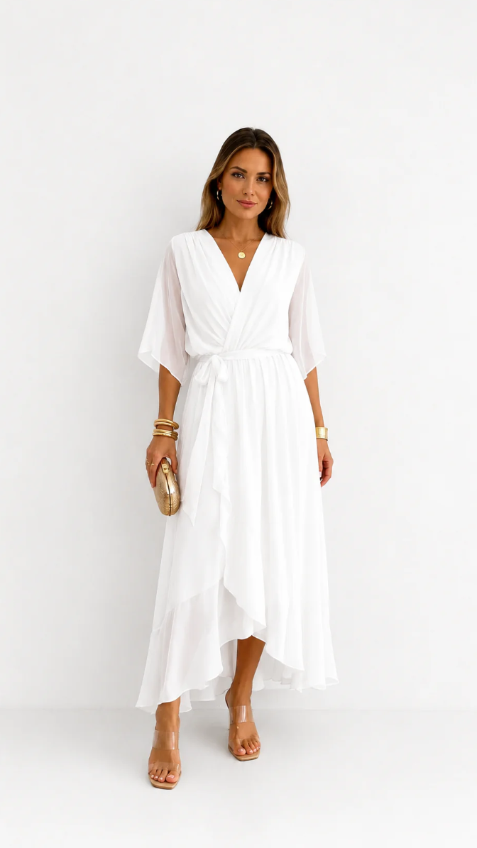 Women's Chiffon Wrap Dress with Flowing Sleeves