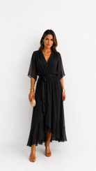 Women's Chiffon Wrap Dress with Flowing Sleeves